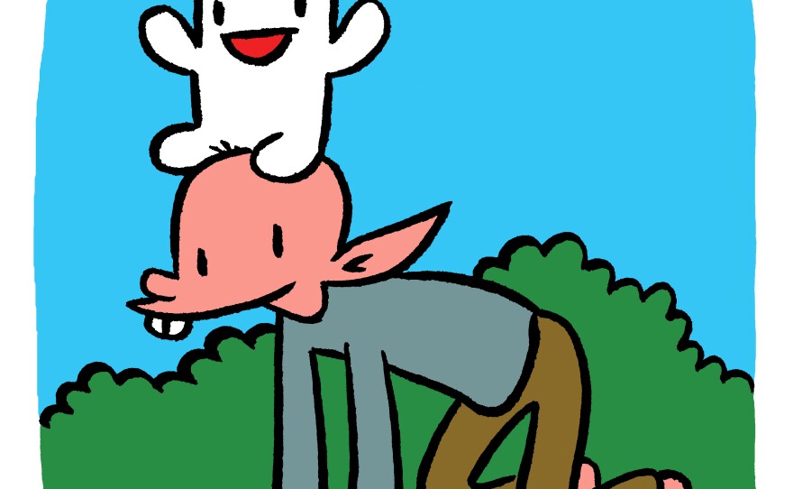 A self-portrait of James Kochalka, Vermont's first cartoonist laureate, with his Johnny Boo character sitting on top of his head.