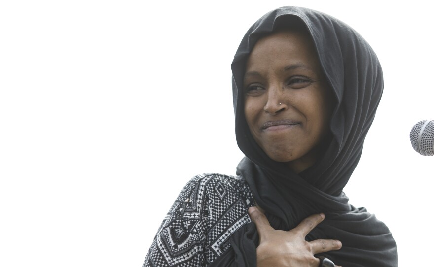 Rep. Ilhan Omar (D-Minn.) attends a Youth Climate Strike on March 15 in Washington. On Thursday, the New York Post incited criticism by featuring a partial quote by Omar with an image of the Sept. 11 terrorist attack.