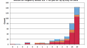 San Diego County Influenza Detections by Type and Week of Report, as of 1/5/13.