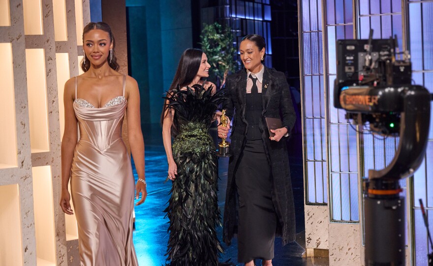 Autumn Durald Arkapaw backstage with the Oscar® for Cinematography and Demi Moore during the 98th Oscars® at Dolby® Theatre at Ovation Hollywood on Sunday, March 15, 2026.