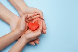 Human hands holding, giving heart isolated on blue background