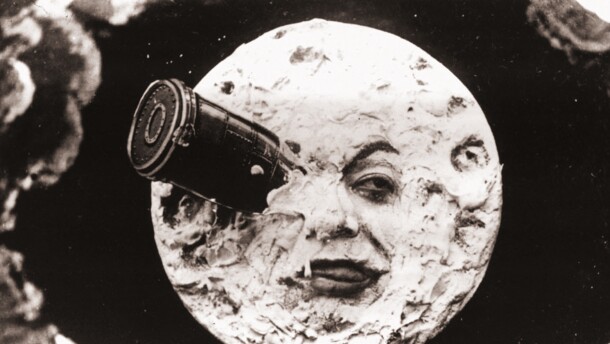 Georges Méliès' "A Trip to the Moon" and this famous image of a rocketship in the eye of the Man in the Moon inspired the title of Jean-François Alcoléa's "Right in the Eye: Live Movie Concert of Georges Méliès' Films. (1902)