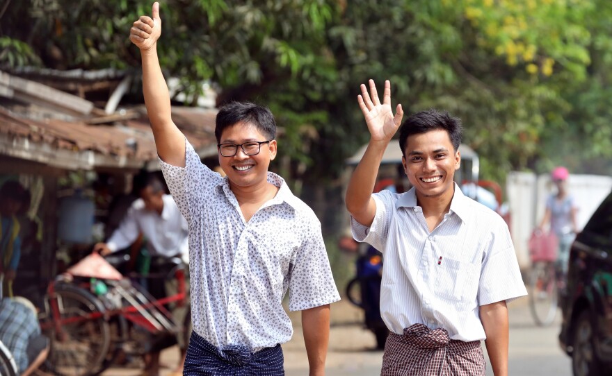 Reuters reporters Wa Lone and Kyaw Soe Oo after being freed from Insein prison, after receiving a presidential pardon in Yangon, Myanmar, on Tuesday.