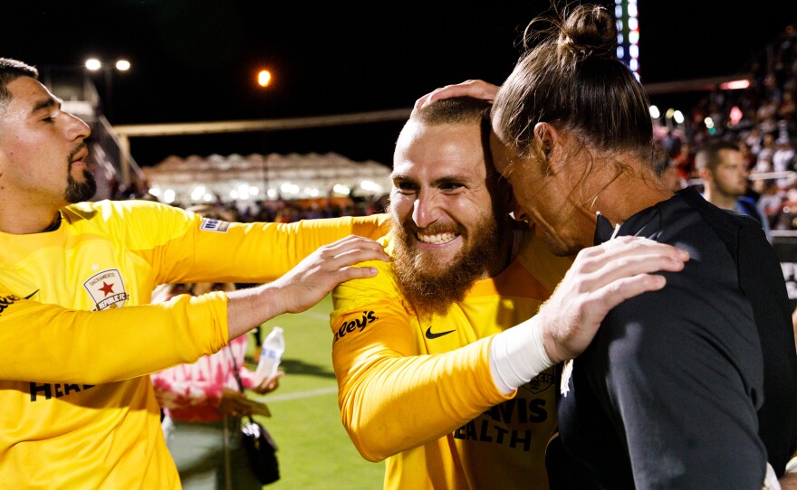 Sacramento Republic FC goalkeeper Danny Vitiello celebrates their U.S. Open semifinal win.