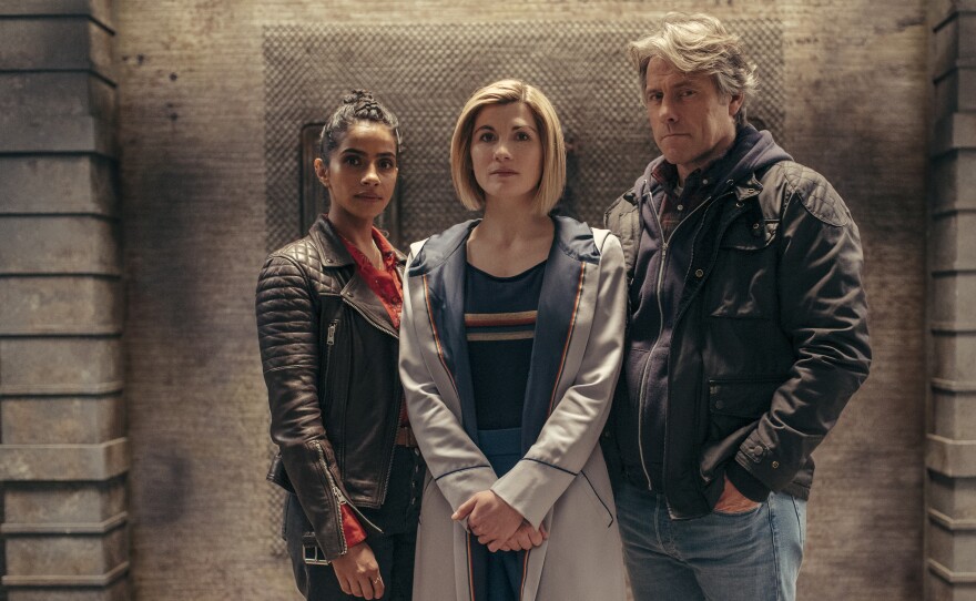 Mandip Gill, Jodie Whittaker and John Bishop from the cast of Doctor Who.