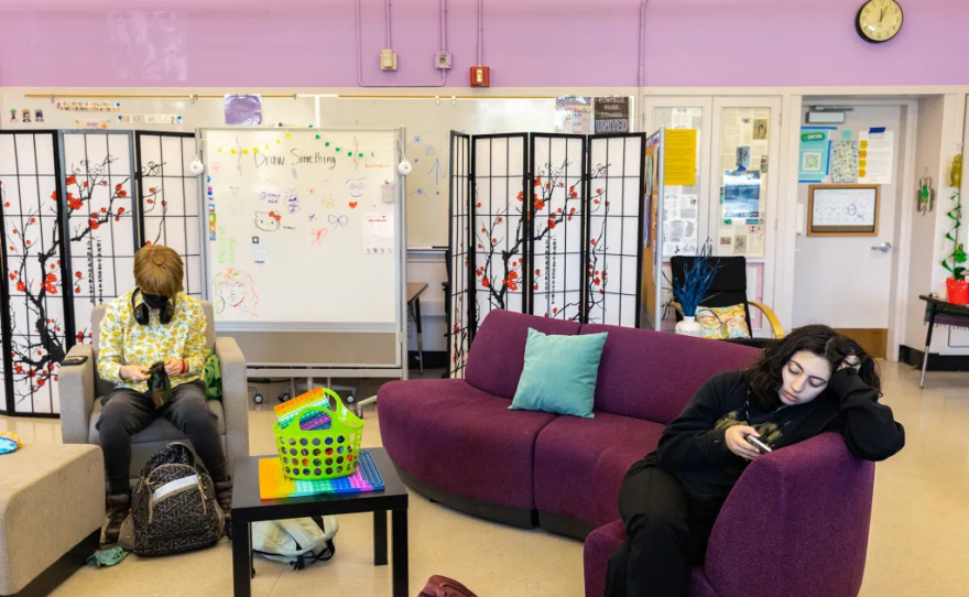 College Park High School students relax in the Wellness Center, which provides a quiet environment as well as meditation, peer support and social services for students. Pleasant Hill on March 15, 2024. Photo by Manuel Orbegozo for CalMatters