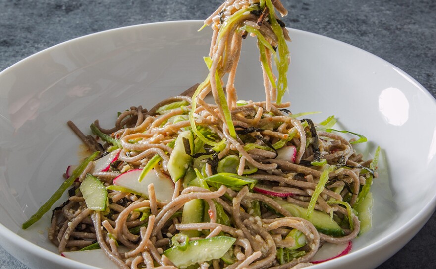 Chilled Soba Noodles with Cucumber, Snow Peas, and Radishes