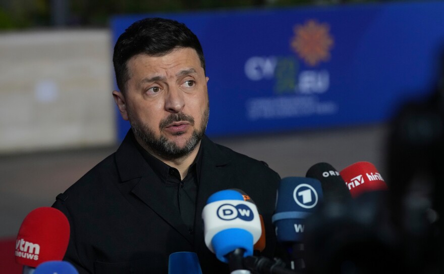 Ukraine's President Volodymyr Zelenskyy makes statements as he arrives for the EU Summit in Ayia Napa, Cyprus, Thursday, April 23, 2026.