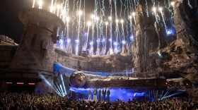 Star Wars: Galaxy’s Edge at Disneyland Park in Anaheim, California, lights up with galactic fanfare during its pre-opening ceremony with director George Lucas, actors Billy Dee Williams, Mark Hamill, Walt Disney Company Chairman and CEO Bob Iger and actor Harrison Ford, May 29, 2019.