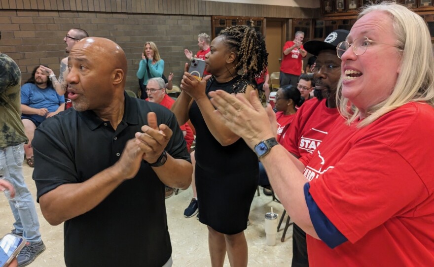 Volkswagen workers and union supporters anxiously watch the vote count at a watch party organized by the UAW in Chattanooga, Tenn., on April 19, 2024.