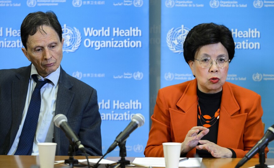 Dr. Margaret Chan, director-general of the World Health Organization, and Dr. David L. Heymann, WHO assistant director-general, announce the global emergency during a news conference Monday in Geneva.