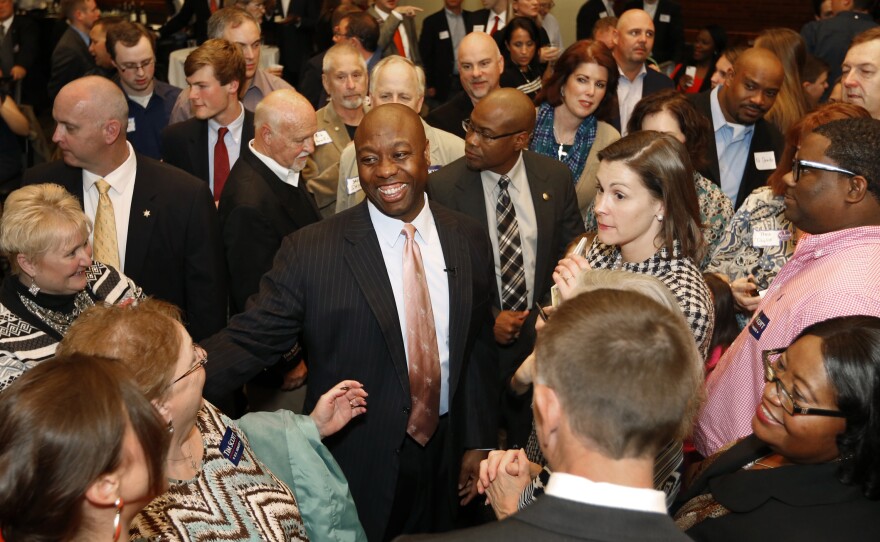 Sen. Tim Scott, R-S.C. greets supporters after winning his Senate race over challengers Jill Bossi and Joyce Dickerson on Tuesday.