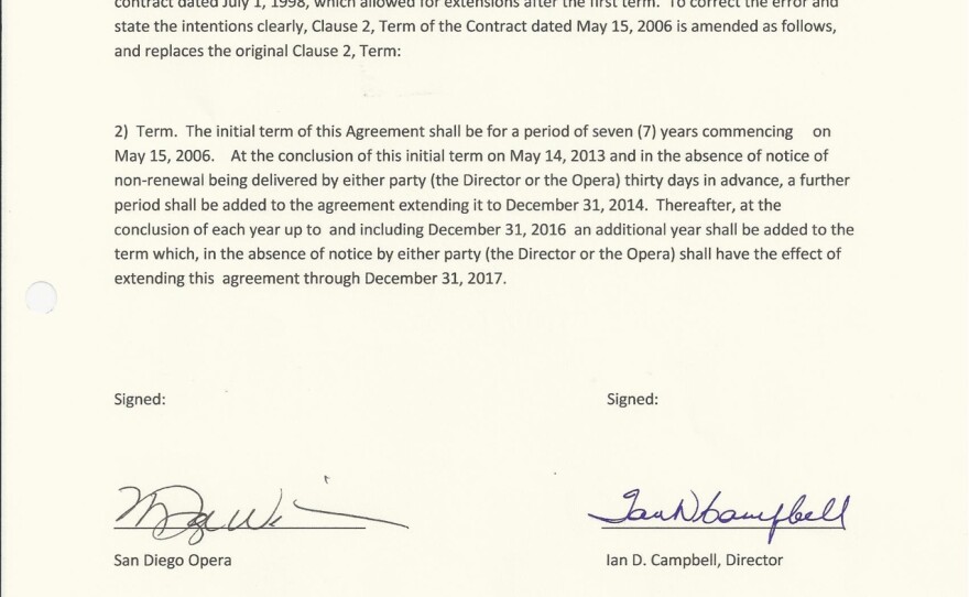 An amendment to Ian Campbell's employment contract with the San Diego Opera suggests he didn't stand to gain financially from the company's closure. 