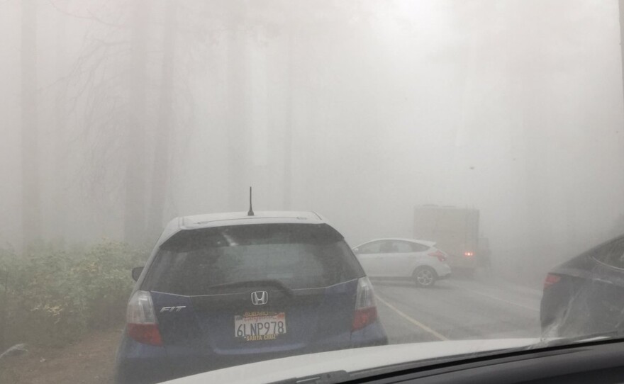 Vehicles were shrouded by a cloud of dust from the new rockfall from El Capitan on Thursday. Rangers closed a road on the north side of the park because of the rock fall.