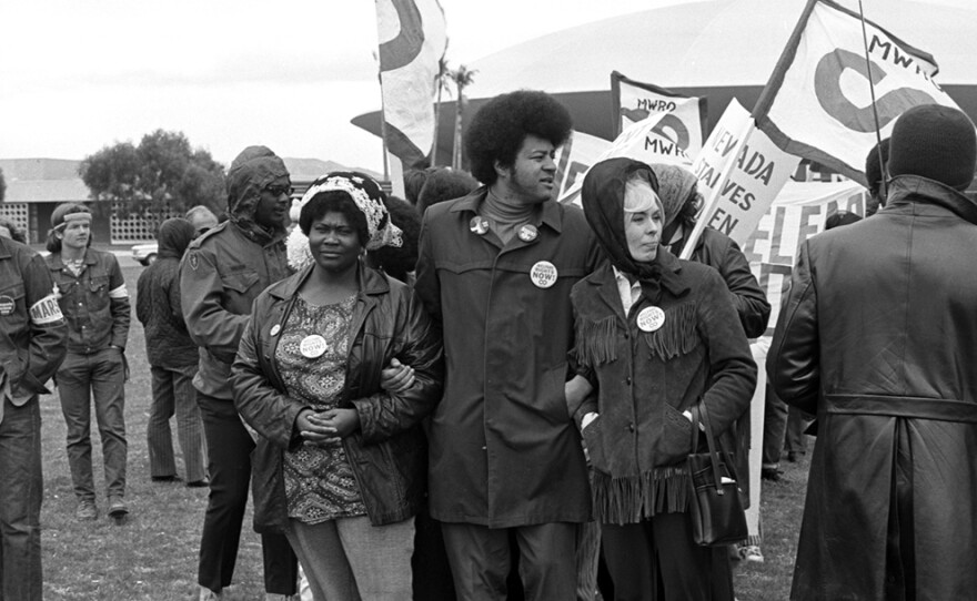 Ruby Duncan leads welfare rights march on the Sands with George Wiley and Mary Wesley on March 13, 1971.