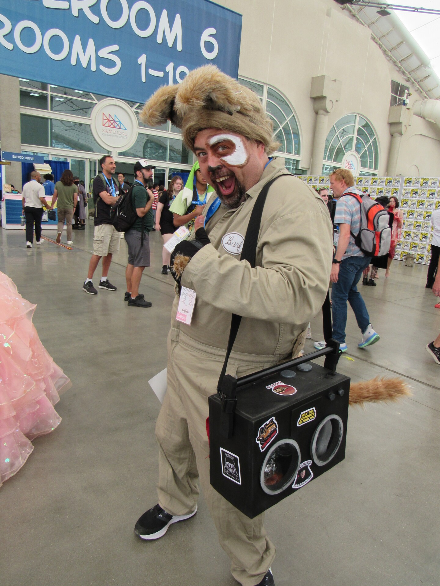 Comic-Con attendee cosplays as Barf from the slap-stick comedy film "Spaceballs" at the San Diego Convention Center on July 26, 2025.