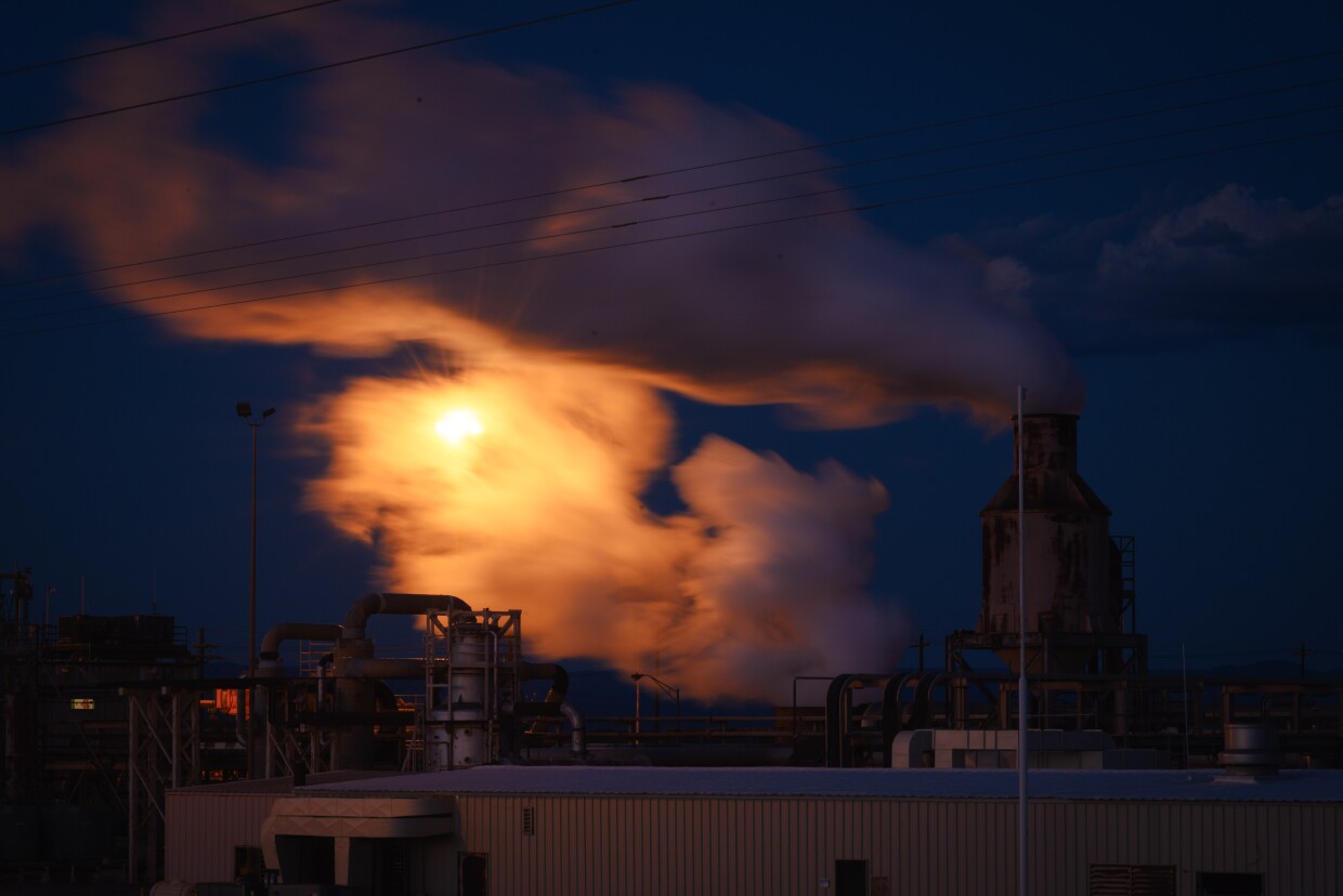 Steam rises from a CalEnergy geothermal plant on the edge of the Salton Sea near Calipatria, California in Imperial County on March 19, 2024.