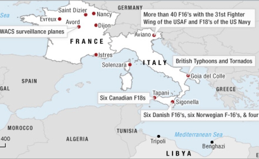 Locations of allied forces taking part in operations over Libya.