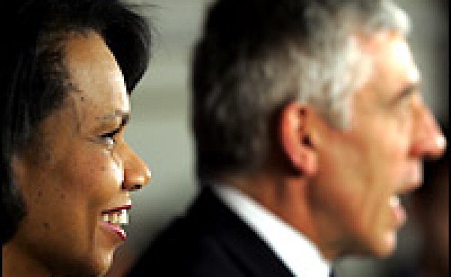 U.S. Secretary of State Condoleezza Rice smiles as British Foreign Secretary Jack Straw speaks during a joint press conference in Baghdad's heavily fortified green zone on Monday.