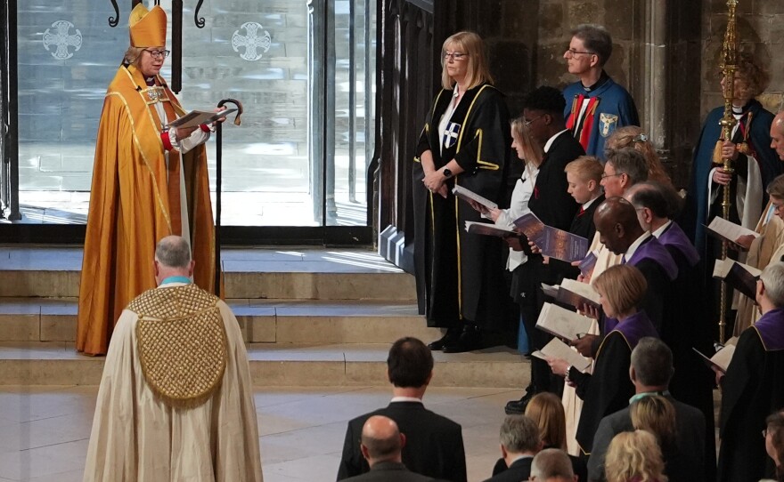 The Archbishop of Canterbury Sarah Mullally is greeted by local school children during the Enthronement Ceremony installing her as the 106th archbishop of Canterbury, at Canterbury Cathedral in England on Wednesday March 25, 2026.