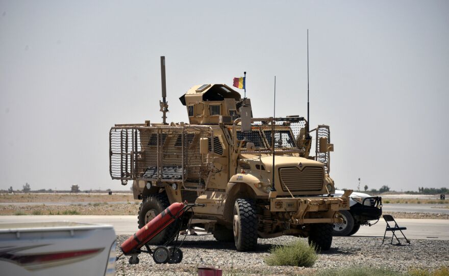 A NATO armored vehicle patrols inside a U.S. military base in Kandahar, Afghanistan, on April 29. The U.S. Central Command estimated this week the military has completed 30% to 44% of its withdrawal.