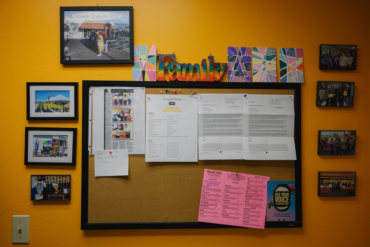 Photographs and other notices hang on a bulletin board in the hallway of the Donnelly Community Services Center, formerly the Imperial Valley LGBT Resource Center, in El Centro, California on February 7, 2025.