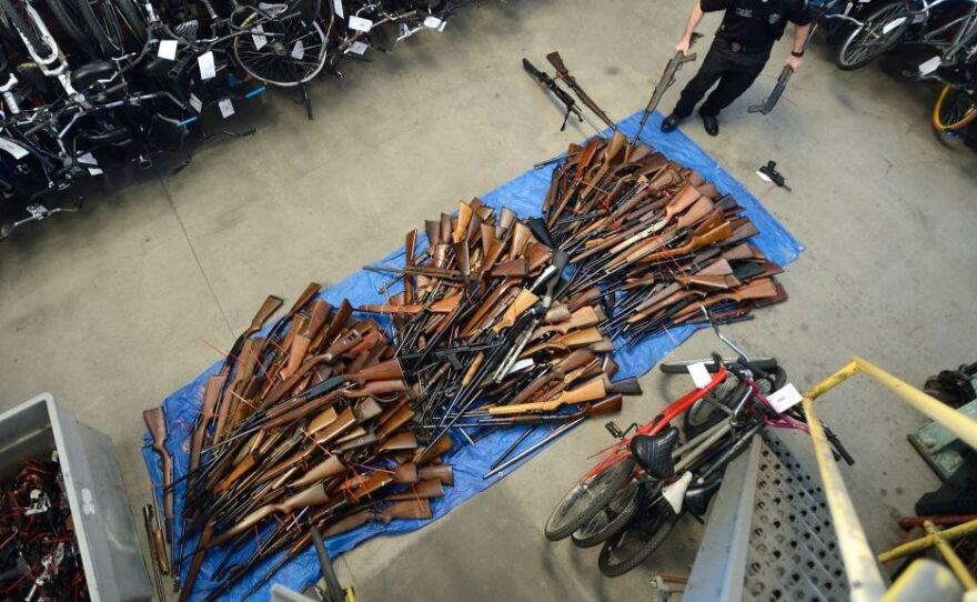 Guns collected in an effort to buy back firearms in Anaheim, Calif., in 2016. The police department obtained 676 guns and gave out $100 gift cards in exchange. The U.S. rate of deaths from gun violence, at 4.43 deaths per 100,000 people, it is four times higher than the rates in war-torn Syria and Yemen.