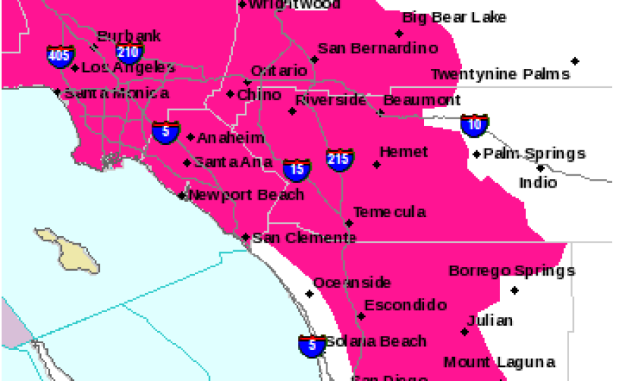 This National Weather Service map shows in pink the areas under a red flag warning beginning Monday, Jan. 13, 2014.
