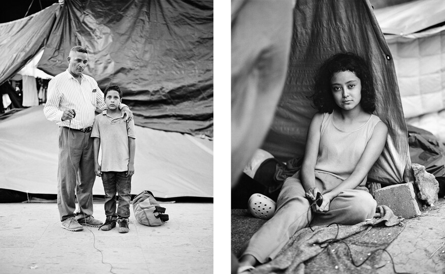 Left: Edwardo Benavides and his son Jonathon Benavides Reyes are migrants from La Unión, El Salvador. They took this portrait at an informal migrant camp in the border city of Reynosa, Mexico. Right: Stephanie Solano, 17, from Zacapa, Guatemala takes a portrait of herself at the camp in Reynosa.
