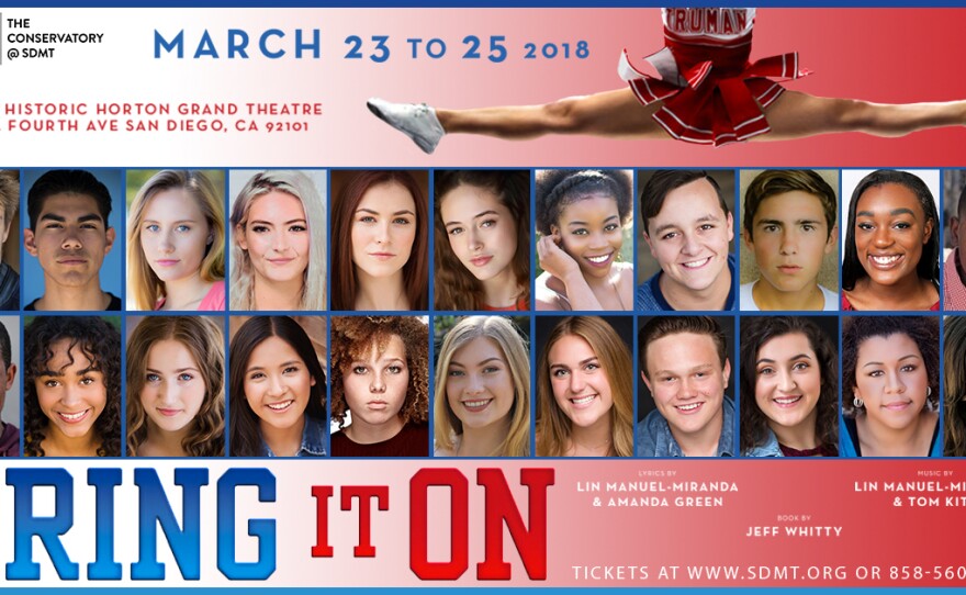 A promotional poster for San Diego Musical Theatre's "Bring It On."