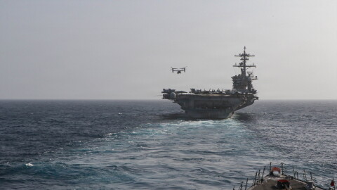 Arleigh Burke-class guided-missile destroyer USS Frank E. Petersen Jr. (DDG 121) sails behind the Nimitz-class aircraft carrier USS Abraham Lincoln (CVN 72), June 27, 2026. Frank E. Petersen Jr. is deployed to the U.S. 5th Fleet area of operations to support maritime security and stability in the Middle East.