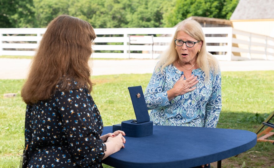 Kaitlin Shinnick (left) appraises a sapphire &amp; diamond star brooch, ca. 1880, in Sturbridge, Mass, June 13, 2023. ANTIQUES ROADSHOW “Old Sturbridge Village, Hour 1” premieres Monday, January 29 at 8/7C PM on PBS. 