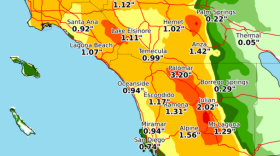 This map of San Diego County show projected rainfall totals from strong Pacific storm sweeping into the region, Dec. 14, 2016.