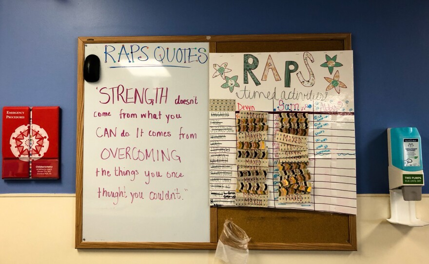 At the Children's Mercy amplified pain program, patients track their progress on a board. When their physical therapist determines that they have completed each activity to their fullest potential, a "maxed" label is placed on the board as a celebration of their accomplishment.