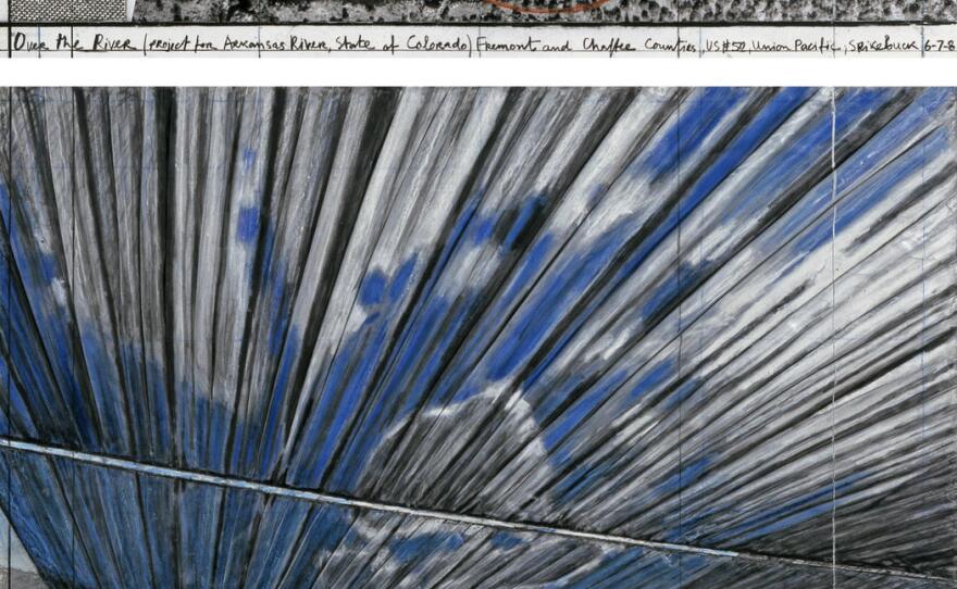 A Christo collage for "Over the River (Project for Arkansas River, State of Colorado), completed in 2008.
Pencil, fabric, twine, pastel, wax crayon, charcoal, enamel paint, aerial photograph with topographic elevations and fabric sample