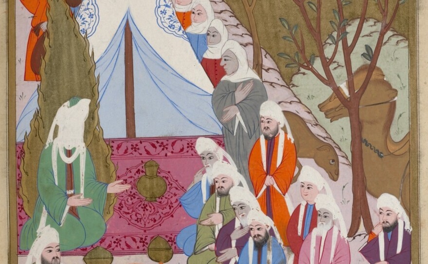 "Muhammad and Abu Bakr are feted by Umm Ma'badah's tribe," from a 16th-century illuminated manuscript depicting the life of the prophet Muhammad.