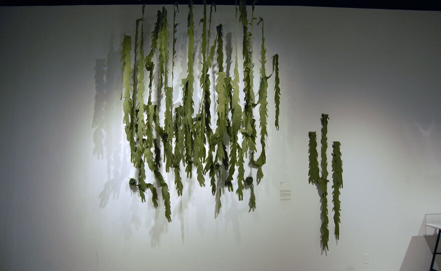 A hanging sculpture by Sandie Yi features many hanging vines of thick, grass-green felt cut to resemble seaweed. The pieces are modeled after the shape of the artist's hands, with two fingers on each hand. A bunch of kelp vines hangs on the wall separately for visitors with poor vision or blindness to feel and experience tactilely.