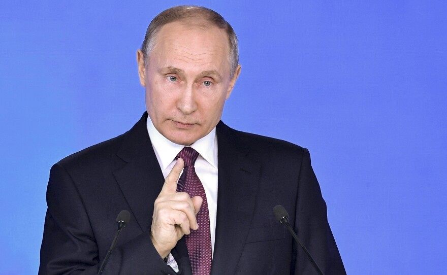 Russian President Vladimir Putin gives his annual state of the nation address in Moscow on Thursday.