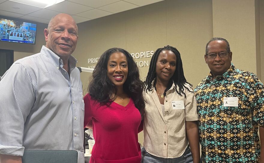 Imperial Valley College political science professor Ric Epps (left), KPBS Midday Edition host Jade Hindmon, Black San Diego co-founder Sheri Jones and San Diego African American Museum of Fine art executive director Gaidi Finnie (right) stand in the Midday Edition studio, Oct. 7, 2025.