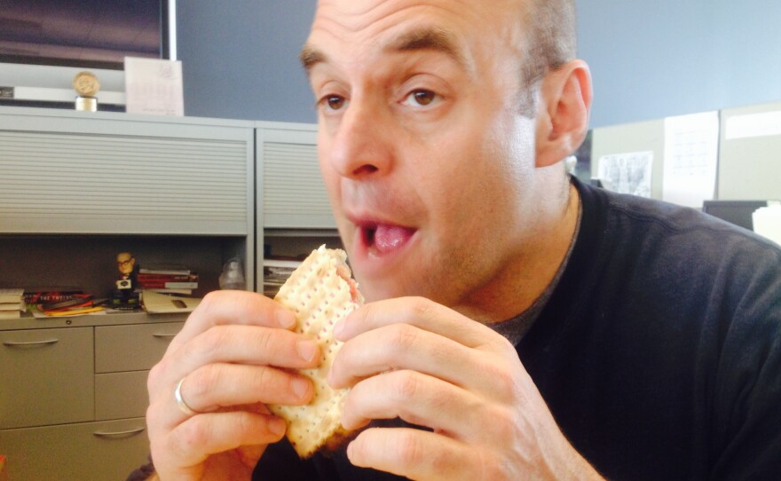 In keeping with tradition, Peter tries to eat the Passover meal while simultaneously complaining about his health.