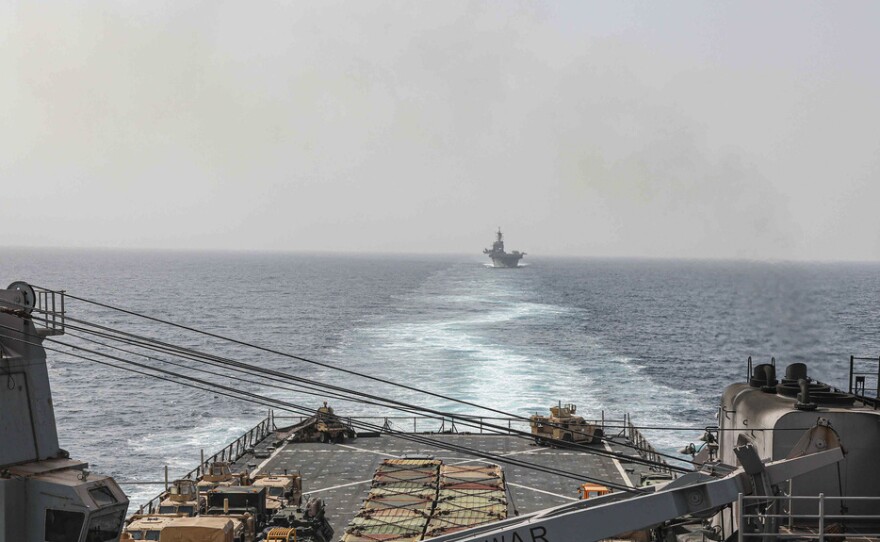 U.S. Navy ships travel through the Bab al-Mandeb strait, which connects the Red Sea to the Gulf of Aden and the Indian Ocean, in August.