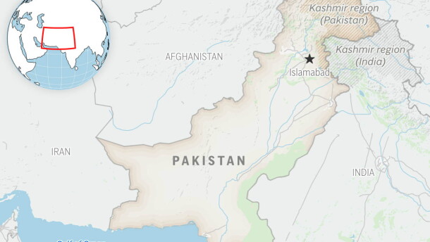 This is a locator map for Pakistan with its capital, Islamabad, and the Kashmir region.