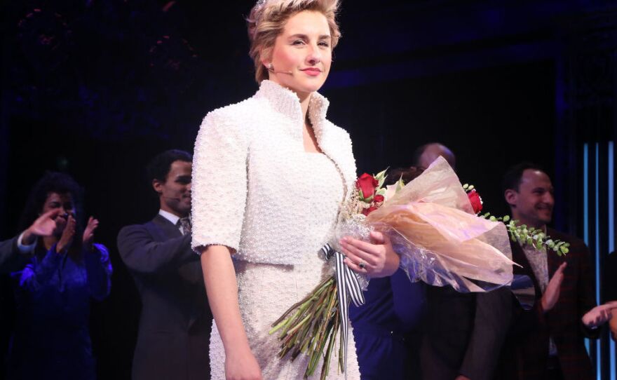 Jeanna de Waal, taking a bow after a Nov. 2 performance of <em>Diana: The Musical</em>, with costumes by William Ivey Long.