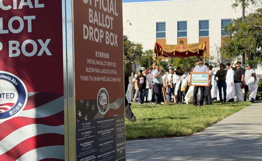 Parishioners from Our Lady of Guadalupe in Barrio Logan participate in a Eucharistic procession to the ballot box, Oct. 25, 2026.