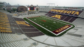 The Minneapolis skyline is visible in the left background as the Minnesota Associated Press media toured the new on-campus TCF Bank Stadium in Minneapolis, June 16, 2009