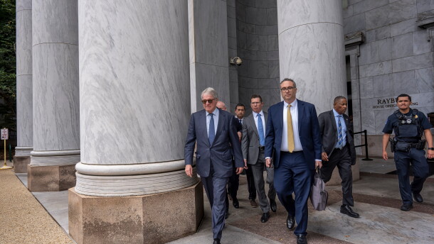 Leon Black, left, a billionaire who was close with Jeffrey Epstein, walks out of the Rayburn House Office Building at the Capitol after his interview about Epstein with the House Oversight Committee, in Washington, Friday, June 26, 2026.