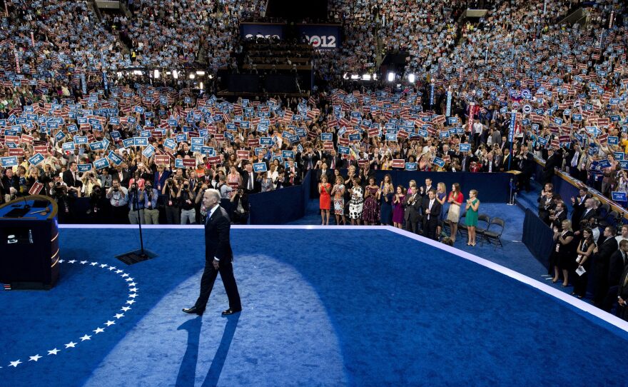 Joe Biden takes the stage at the Democratic National Convention in 2012. He said it's "hard to envision" a similar scene this year.