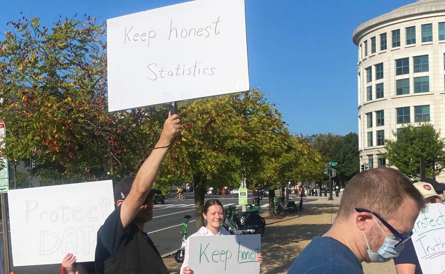 Supporters of Bureau of Labor Statistics employees join a rally outside the Labor Department on Friday, September 5, 2025, in Washington, D.C.