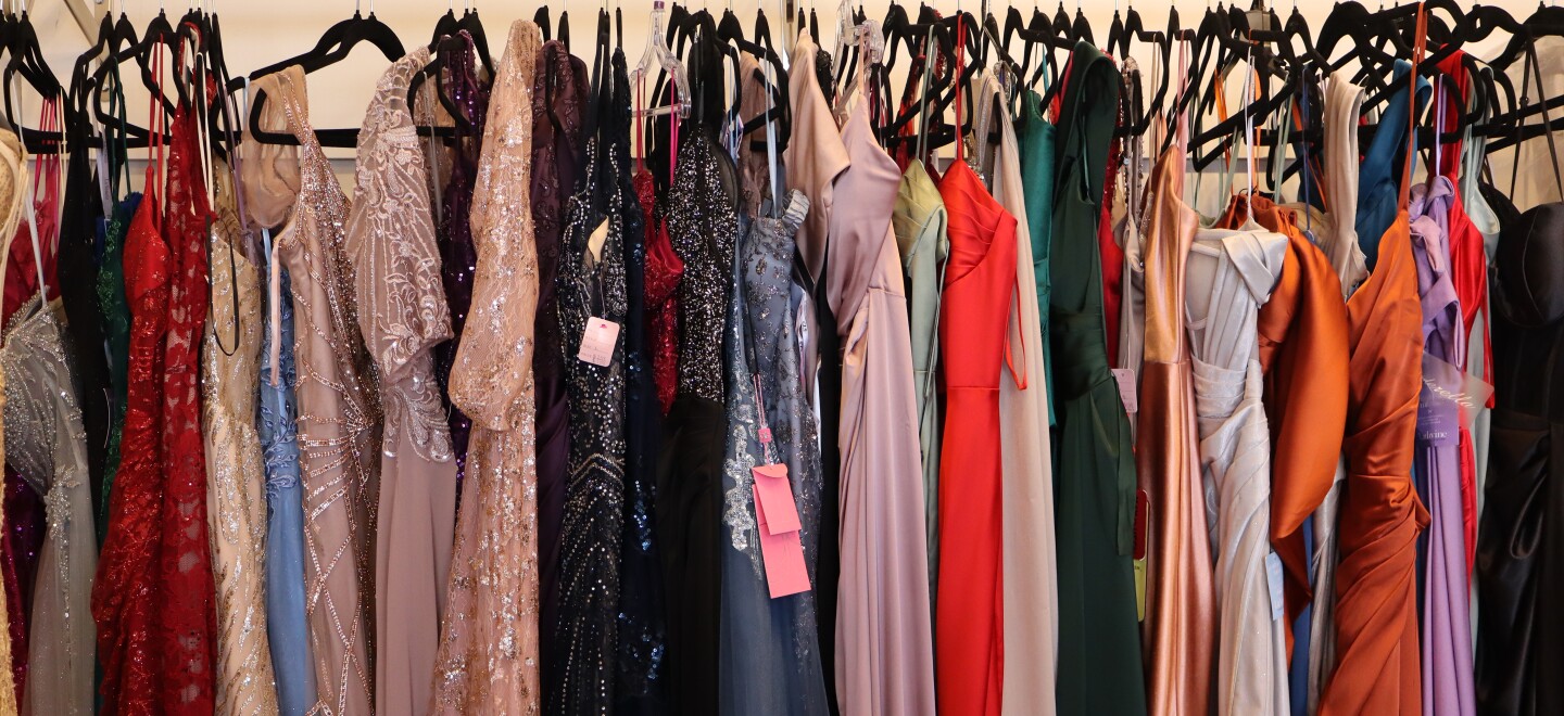 Formal dresses line the walls of Juliet Luxury Wear in National City on Friday, Jan. 9, 2026.
