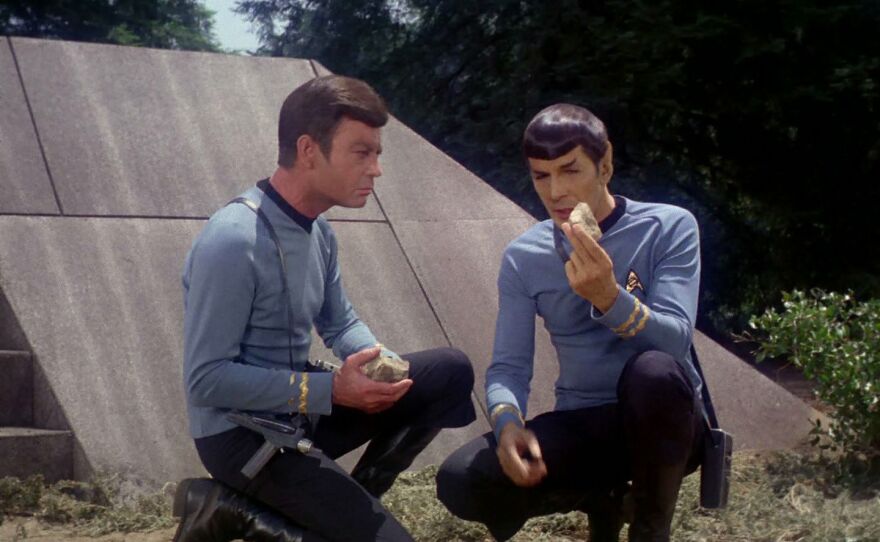 DeForest Kelley as Dr. McCoy and Leonard Nimoy as Spock in "The Paradise Syndrome" episode of the original "Star Trek."